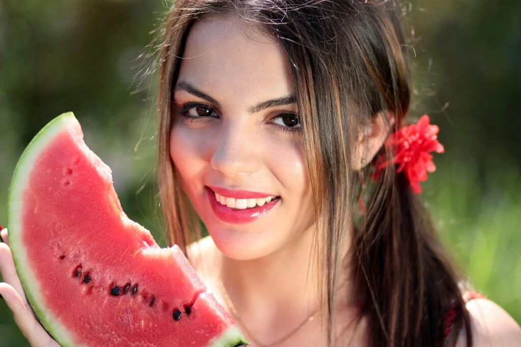 woman, watermelon, summer, beautiful, nature, happy